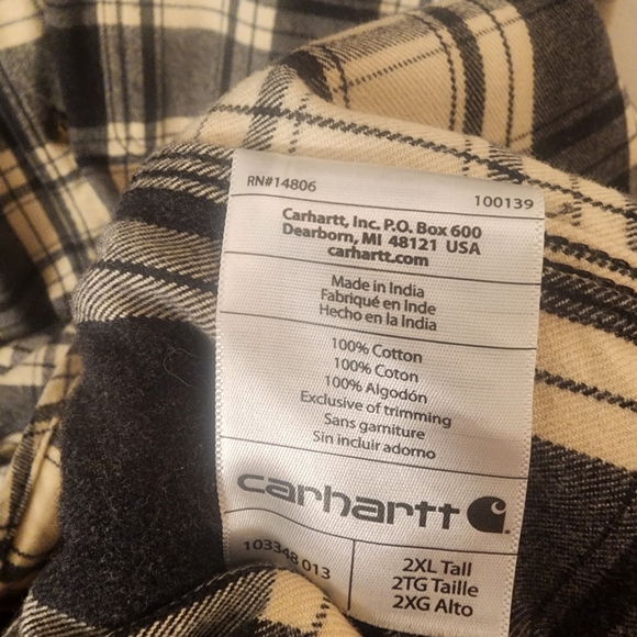 EUC Carhartt Black / Cream Plaid Flannel Button Up Shirt Mens 2XL Tall - Picture 6 of 10